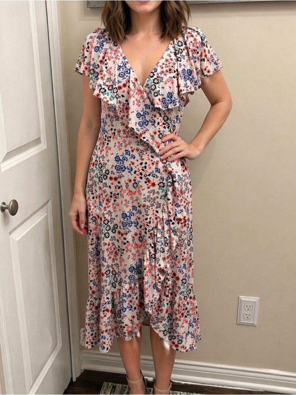 Hale Bob Cream Floral Wrap Midi Dress with Blue & Pink Accents
